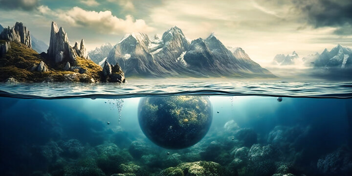 the earth under water with mountains,