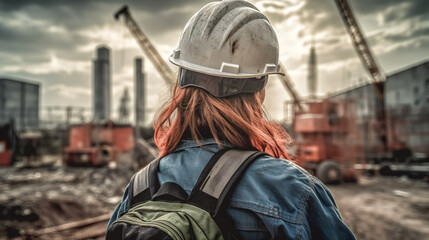 Young woman builder on construction site. Female worker wearing protective helmet inspects construction. Back view. Generative AI. High quality illustration