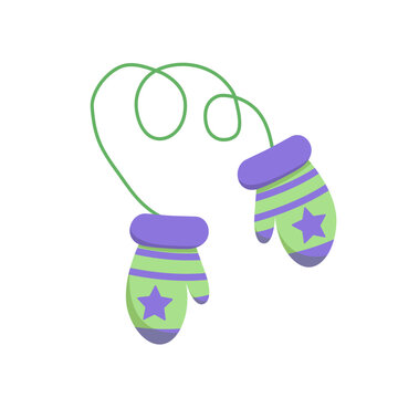 Mittens for boy. Purple green pair of mittens. Flat, cartoon, vector
