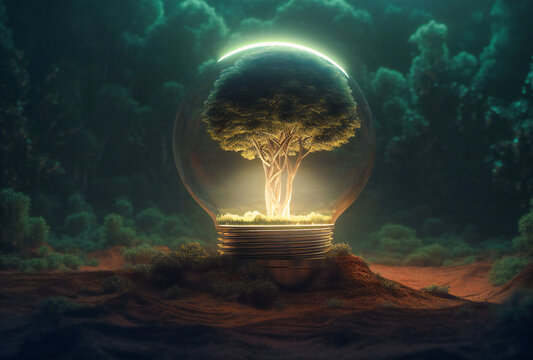 a light bulb inside a dirt base with a green tree