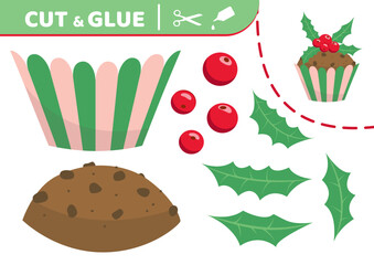 Chocolate Christmas cupcake. Cut and glue. Application work. Paper game. Vector