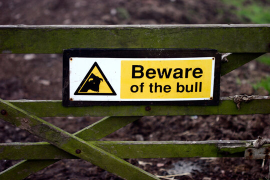 Sign 'beware of the bull' on a field gate
