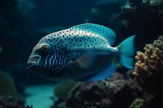 Swimming fish in the marine ethos. Beautiful fish. Generative AI.