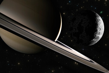 Gas giant planet in deep space. Saturn planet and rings close-up, 3D illustration - 593204232