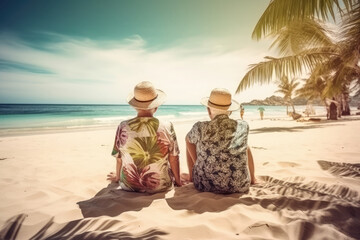 Fototapeta na wymiar Couple of old people travelers tourists relaxing sitting in sand enjoying tropical beach destination. Perfect paradise summer vacation happiness. ai generative