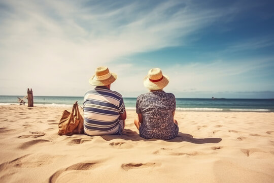Couple of old people travelers tourists relaxing sitting in sand enjoying tropical beach destination. Perfect paradise summer vacation happiness. ai generative