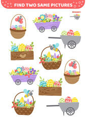 Find two same pictures. Summer basket. Easter eggs. Game for children. Flat, cartoon, vector