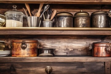 Wooden cooking utensils are kept on a shelf in a handcrafted storage container. Generative AI