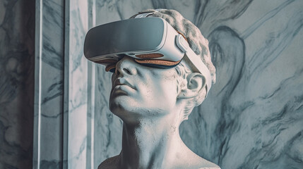 Statue of man wearing virtual reality goggles against background of gray concrete wall. Bust of male with glasses. Generative AI. High quality illustration - obrazy, fototapety, plakaty