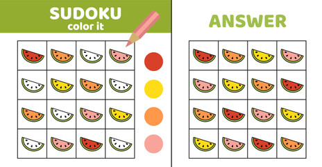 Sudoku. Watermelon. Coloring sudoku with watermelon. Cartoon