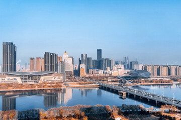 Aerial photography of city skyline buildings of Shengjing Theater in Shenyang, Liaoning, China