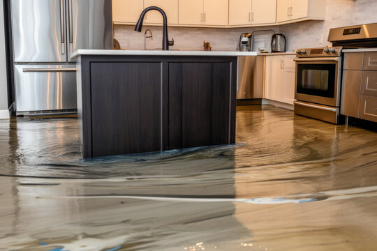 Closeup view of a waterlogged kitchen floor with 3 inches of water. Water damage to home. Furniture in water. High quality generative ai