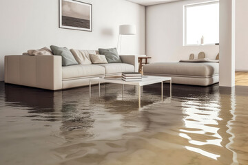 Flooded waterlogged living room. Water damage to home. Furniture in water. High quality generative ai