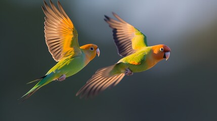 Lovebirds in Flight - Graceful birds with vibrant feathers soaring through the sky