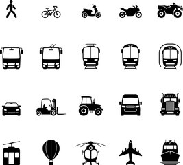 Transport Silhouette Icon Set. Car, Bus, Tram, Train, Metro, Ship, Plane, Icon. Isolated Vector Illustration.