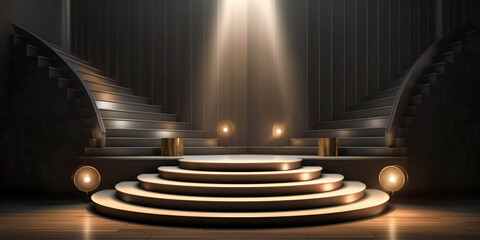 a stage with spotlights and stairs in a dark - obrazy, fototapety, plakaty