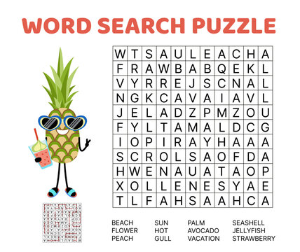 Summer word search game puzzle for kids. Vacation, beach, sea. English words. Cartoon, vector