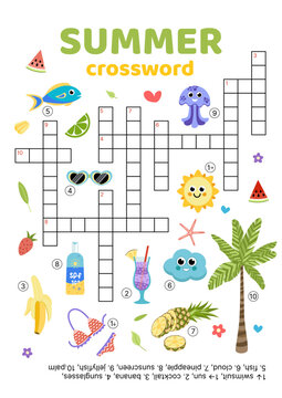 Crossword of words on summer theme. English words. Educational puzzle game for kids. Cartoon, vector