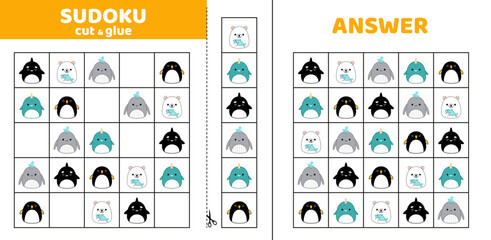 Sudoku with five Arctic ocean animals. Squishmallow. Game puzzle for kids. Cut and glue. Cartoon