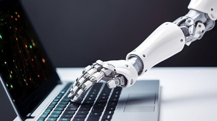 Futuristic Robotic Hand Typing on Laptop Computer, AI and Automation, AI Generative