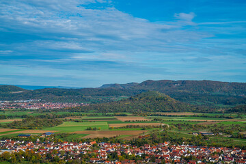 Fototapeta na wymiar Germany, Panorama aerial drone view limburg mountain kirchheim swabian alb nature landscape near stuttgart sunny day autumn season colorful