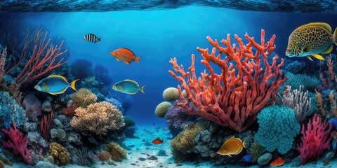 Fototapeta na wymiar With fish, coral, and sponges, a seascape in the Caribbean Sea's turquoise water features a coral reef. Generative AI