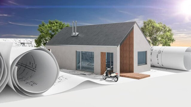 Entwurf eines kleinen, energieeffizienten Einfamilienhauses in moderner Scheunen-Architektur- 3D Visualisierung mit Video-Hintergrund