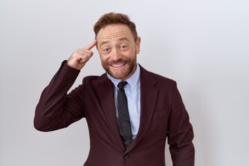 Middle age business man with beard wearing suit and tie smiling pointing to head with one finger, great idea or thought, good memory