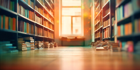 a blurred background of bookshelves in room