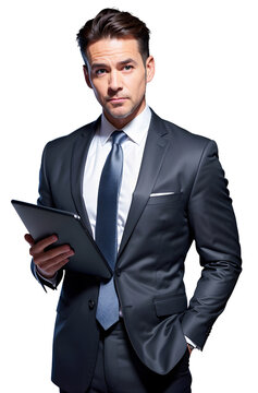 Young handsome business man dressed in formal clothes  using tablet isolated on white  background.Generative AI .