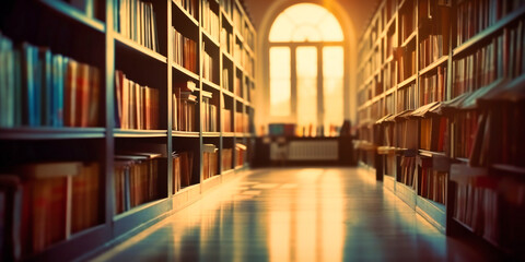 a blurred background of bookshelves in room