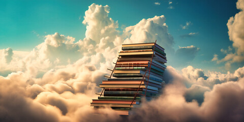 a ladder with books on it on top of clouds with blue sky, - obrazy, fototapety, plakaty