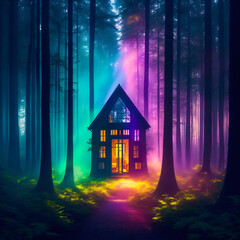 Magical house in deep forest. Generative AI