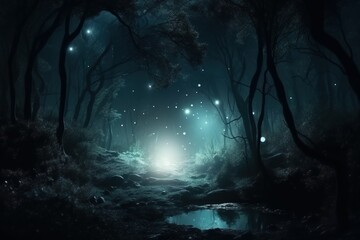 A gloomy fantasy forest at night. Generative AI