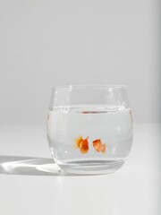 Vertical shot of a goldfish in a small glass on a white background