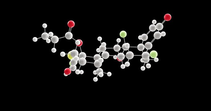 Fluticasone propionate molecule, rotating 3D model of Flovent, looped video with alpha channel