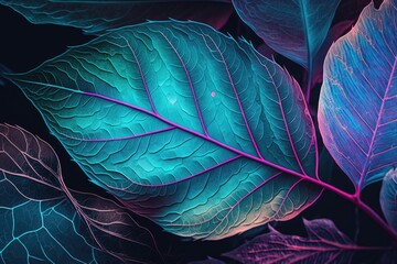Blue, turquoise, and pink colors are used in the macro leaves backdrop texture. transparent skeleton leaves An artistic representation of nature that is vibrant, expressive, and lovely. Generative AI