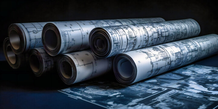 construction drawings on rolls of paper on white blue background