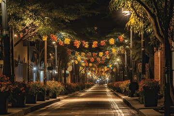 Fototapeta na wymiar Festive Street Decorated With Colombian Flags, Lights, And Flowers. Generative AI