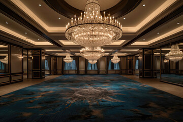 Hotel Ballroom With Dance Floor And Crystal Chandeliers. Generative AI - obrazy, fototapety, plakaty