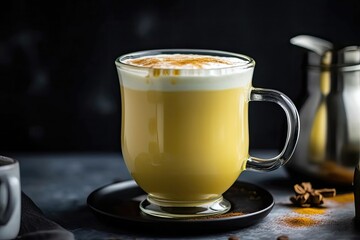 Golden Milk Latte In Clear Glass Mug With Frothy Milk On Top. Generative AI
