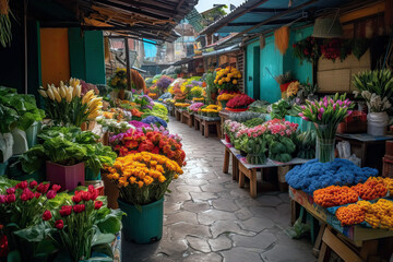 Colorful Colombian Market With Fresh Produce And Flowers. Generative AI