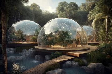 Hotel With Biodome Ecosystem For Outdoor Recreational Activities. Generative AI