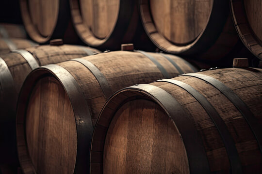 Closeup Of Several Oak Wine Barrels Stacked On Top Of Each Other. Generative AI