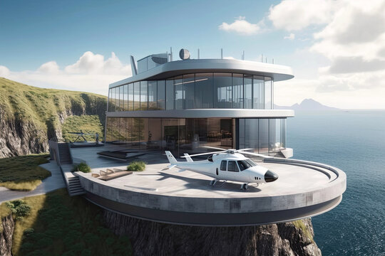 Hotel With Helipad And Private Jet Service. Generative AI
