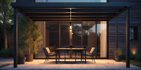 Plakat an outdoor patio canopy with a table and chairs