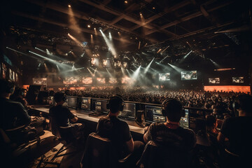 Mans in E-sports arena watching esports with cheering fans and LED lights. Generative AI