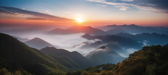 Fototapeta na wymiar Picturesque panorama of mountains in fog and cloudsin a beautiful sunrise light. Based on Generative AI