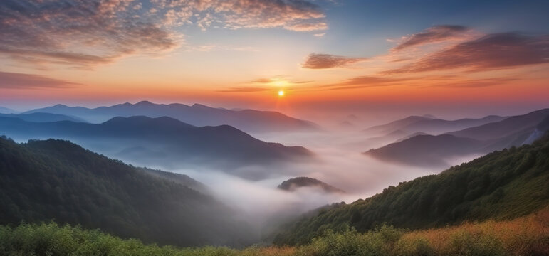 Picturesque panorama of mountains in fog and cloudsin a beautiful sunrise light. Based on Generative AI
