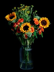 Vertical shot of a bouquet of sunflowers and roses in a vase isolated on a dark background